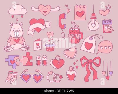 Love Valentines Day Doodle Set. Isolated Teddy Bear Toy, Wedding Rings Perfume, Romantic Love Speech Bubbles and Heart. Pink Hand Drawn Elements. Vect Stock Vector