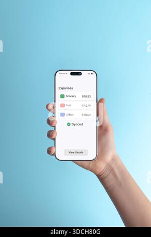 Hand holding smartphone displaying expense overview dashboard on blue background, mobile finance app concept for bookkeeping, business reporting, and Stock Photo