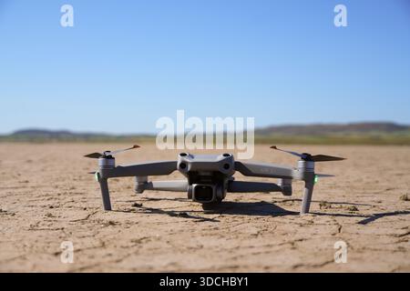 Dji air 2s drone preparing for flight on a dried lakebed in limnos, greece Stock Photo