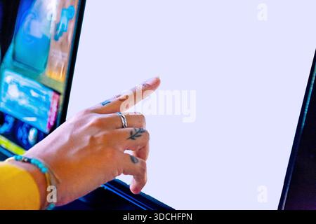 Person interacting with blank digital touch screen Stock Photo