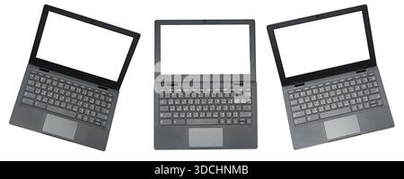 High-resolution photo of three open laptops with empty white screens, top view, isolated on white. Ideal for mockups, ads, web design, tech concepts, Stock Photo