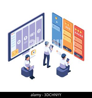 Isometric User Choosing Digital Subscription Plans with Pricing Tiers. Subscription Plan Comparison Concept Stock Vector