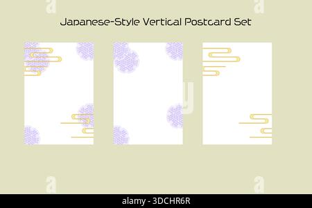 A vertical-format Japanese-style postcard set inspired by traditional aesthetics. Perfect for New Year’s cards, seasonal greetings, and short messages Stock Vector