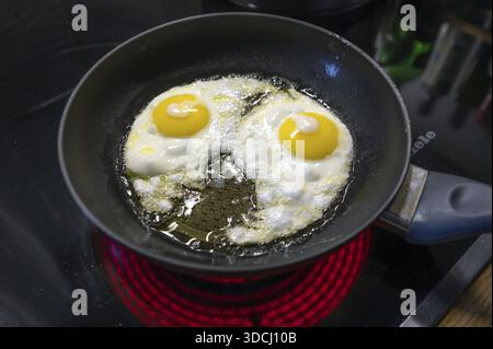 Two fried eggs in a pan on the stove, Bavaria, Germany Stock Photo