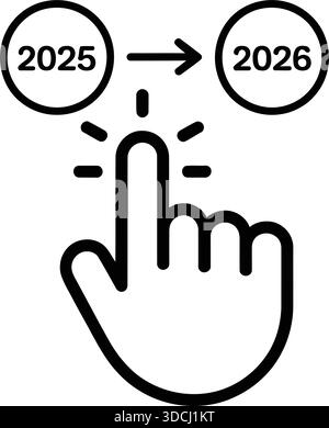 A hand icon pointing from the year 2025 to 2026 representing progress ...