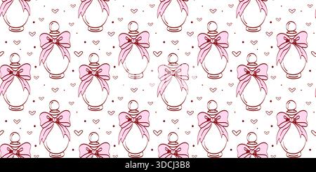 Pattern features several drawn perfume bottles with bows on a white background. The design includes small hearts and creates a playful atmosphere for Stock Vector