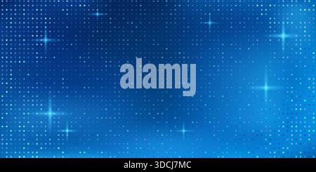 Blue pixel bg with glowing tech pattern and scattered squares. Digital bitmap texture with futuristic grid and halftone. Abstract mosaic background with shimmering light spots for technology design Stock Vector