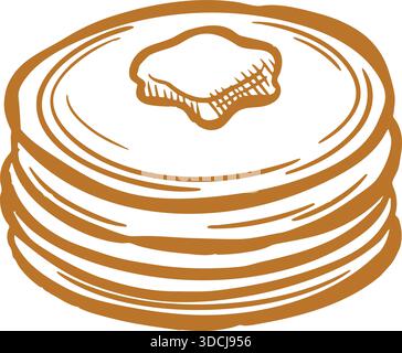 Hand drawn stack of pancakes topped with a pat of butter viewed from an angle. Stock Vector