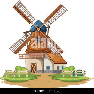 Rustic windmill with wooden blades, surrounded by greenery, cartoon vector style, bright colors Stock Vector