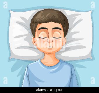 Cartoon boy with brown hair sleeping on pillow, soft lighting, overhead view, blue background Stock Vector