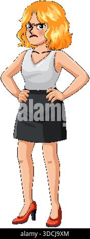 Vector illustration of frustrated businesswoman in office attire, hands on hips, cartoon style Stock Vector