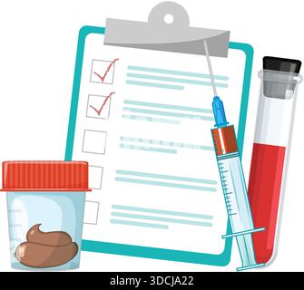 Vector illustration of a medical clipboard checklist, syringe, blood vial, and stool sample container in a clean, flat cartoon style Stock Vector