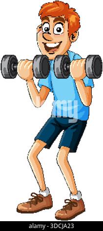 Smiling cartoon man in blue outfit lifting dumbbells, isolated, clean vector illustration style Stock Vector