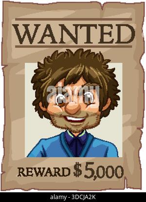 Vector illustration of a cartoon wanted poster with bearded man, bold text, and reward amount Stock Vector