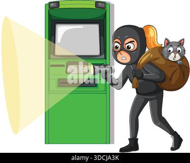 Cartoon burglar with flashlight and cat in sack approaching green ATM, flat vector style Stock Vector