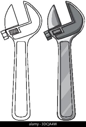Two adjustable wrenches, one outlined and one colored, isolated on white, clean vector style Stock Vector