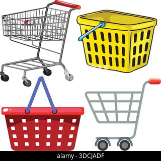 Four distinct shopping carts and baskets in a clean vector style, using bold outlines, flat colors, and simple geometric shapes Stock Vector