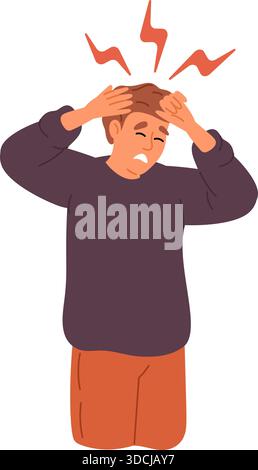 Young man holding his head. Guy suffering from headache. Migraine treatment. Pain of stress. Illness medical symptom. Hangover or painful disease. Anx Stock Vector