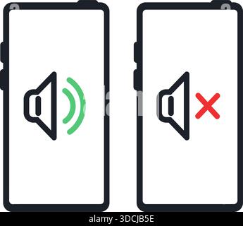Smartphone icon with sound on and off. Ringing phone. Mute pictogram. Volume control. Device interface. App notification. Speaker level. UI signal Stock Vector