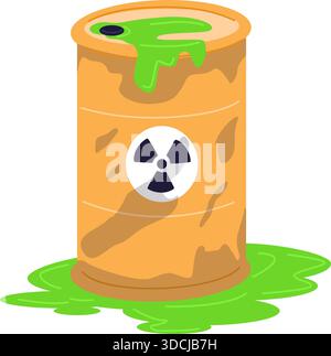 Rusty metal barrel with toxic waste leaking out. Environmental disaster. Radioactive substance drum. Warning pollution. Danger chemical liquid leakage Stock Vector