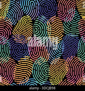 Multicolored human fingerprints seamless pattern. Thumbprints identity scanning. Gradient finger touch stamps. Repeated print. Unique biometric passwo Stock Vector