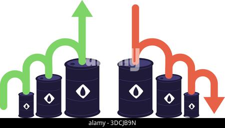 Metal barrels of oil with green and red arrows. Showing rise and fall of gasoline prices. Fuel costs. Stock market investment. Economy growth or crisi Stock Vector