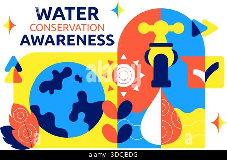 Water Conservation Awareness Vector Illustration Featuring Sustainable Usage Environmental Protection For Future Generations Background Stock Vector
