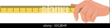 Hand holding measuring ruler. Process of measurement. Length determining. Size meter. Accuracy centimeter or inch straight scale. Yellow building Stock Vector