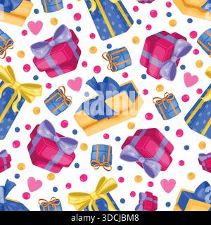 Gift cardboard boxes with ribbons and bows. Holiday seamless pattern. Birthday present package. Surprise satin bowknots. Repeated print. Bags with sat Stock Vector