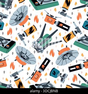 Gas camping stoves and gas cylinders seamless pattern. Portable burners. Cooking equipment for picnics and campsite. Flammable tanks. Repeated print. Stock Vector