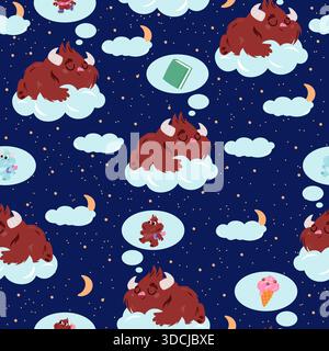 Cute snowman sleeps on sky cloud seamless pattern. Yeti characters dreams about ice cream and book. Happy sasquatch with backpack. Repeated print. Big Stock Vector