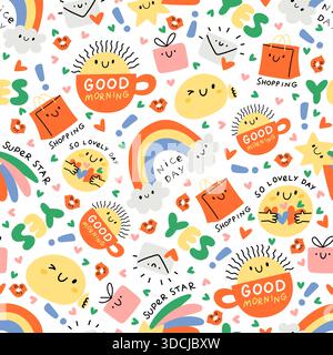 Cute cartoon characters with positive message seamless pattern. Motivational text. Letter envelope. Shopping bag. Happy rainbow. Happy emoticon with Stock Vector