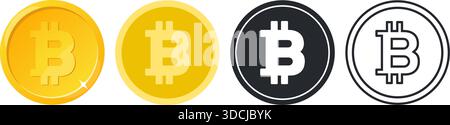 Cryptocurrency icon. Bitcoin symbols. Gold coin. Black and white BTC token. Crypto exchange trade market. Blockchain technology. Ecommerce cash. Netwo Stock Vector
