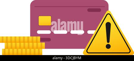 Credit card with gold coins and yellow triangle with exclamation mark. Banking notification. Attention icon. Error important message. Financial Stock Vector