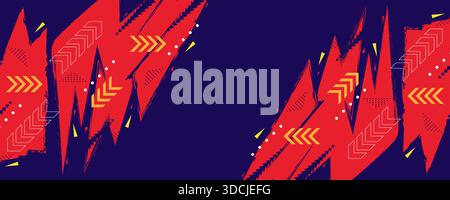 Dynamic Abstract Banner with Red Energy Zig Zag Shapes in Brush Style with Yellow Arrow Shapes on Blue Background Stock Vector