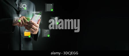 Businessman approves a digital procurement and purchase workflow on a smartphone, with document, tax, folder, and shopping cart icons representing aut Stock Photo