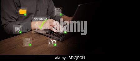 Businessman approves a digital purchase and procurement workflow on a laptop, with shopping cart, document, tax, folder, and process icons representin Stock Photo