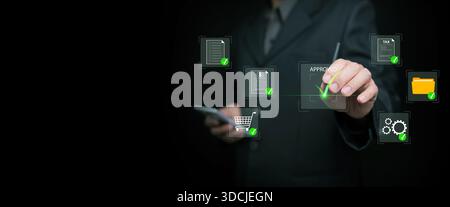 Businessman with smartphone approves digital procurement, purchase workflow with checkmark icons, representing document approval, compliance, automati Stock Photo