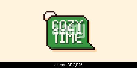 Cozy time pixel art speech bubble with a green background and snow peak. Stock Vector