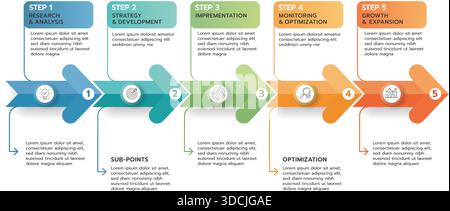 Infographic template for business. 5 Steps Modern Timeline diagram with arrow and topic, presentation vector infographic timeline. Stock Vector