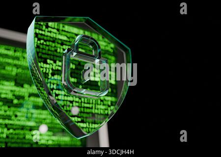 Digital shield with padlock icon over green computer code, representing cybersecurity, data protection, encryption, and secure information technology Stock Photo