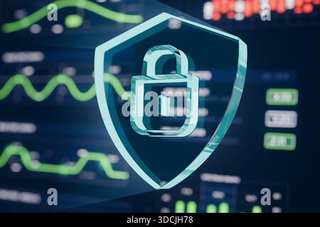 Digital shield with a padlock icon representing cybersecurity and data protection, overlaid on financial charts and analytics in a modern technology b Stock Photo