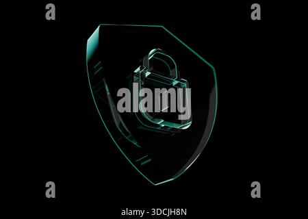Cyber ​​shield with a lock, neon light protection on a black background, concept. Digital data protection on the internet. Virus protection, creative Stock Photo
