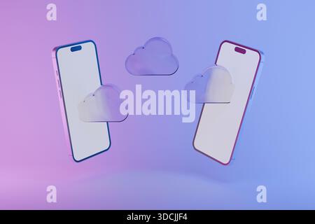 Two modern smartphones with blank screens and floating cloud icons, symbolizing cloud storage, online data transfer, synchronization, and digital tech Stock Photo