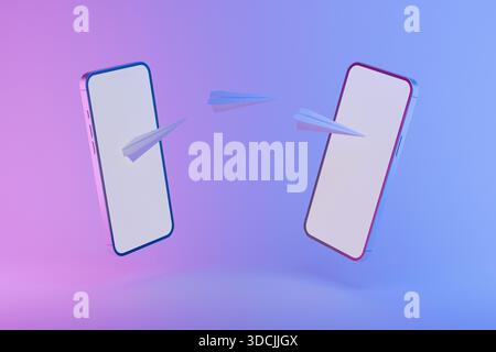 Two smartphones exchanging paper planes symbolizing online communication, digital messaging, and file transfer. Concept of mobile data sharing, digita Stock Photo