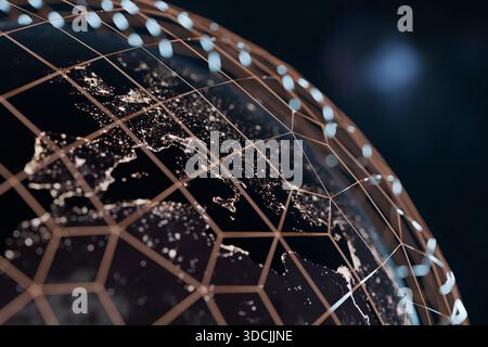 Earth at night with glowing city lights and a overlay digital grid lights overlay, symbolizing global communication, technology, connectivity, and wor Stock Photo