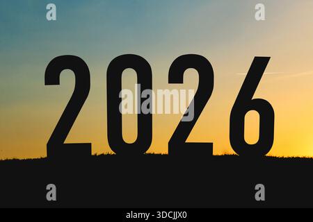 Field with grass happy new year 2026 creative idea. Silhouette 2026 Stock Photo