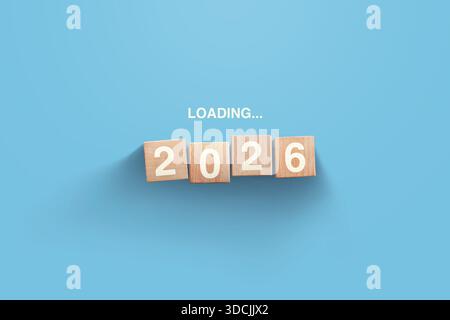 2026 New Year Loading. Loading bar with wooden blocks 2026 on blue background. Start new year 2026 with goal concept, action plan, strategy, new year Stock Photo