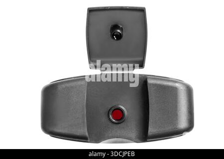 Black plastic cosmetic bottle opened cap closeup isolated over white Stock Photo