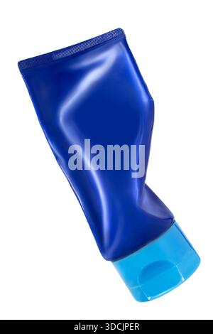 Blue plastic empty cosmetic product tube isolated on white background Stock Photo